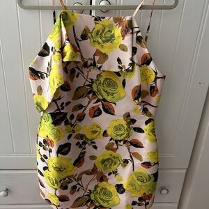 Renn Floral Satin Sleeveless Dress, Yellow Roses with Back Zipper and Thin Strap